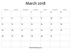 blank march calendar 2018 editable