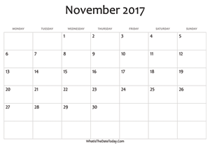 Editable November 2017 Calendar with Holidays and Notes