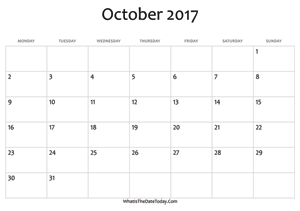 blank october calendar 2017 editable