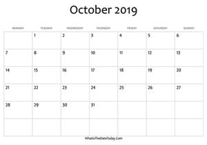blank october calendar 2019 editable