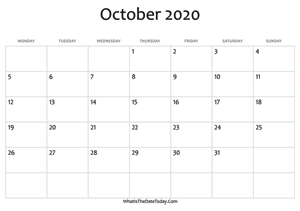 blank october calendar 2020 editable