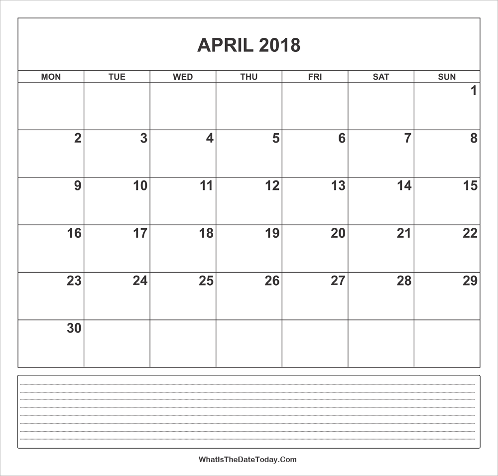 April 2018 Calendar With Notes