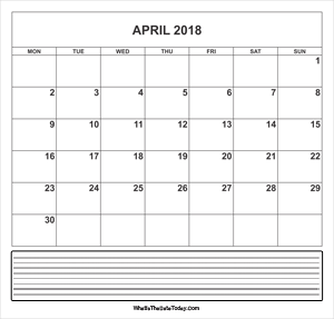 calendar april 2018 with notes