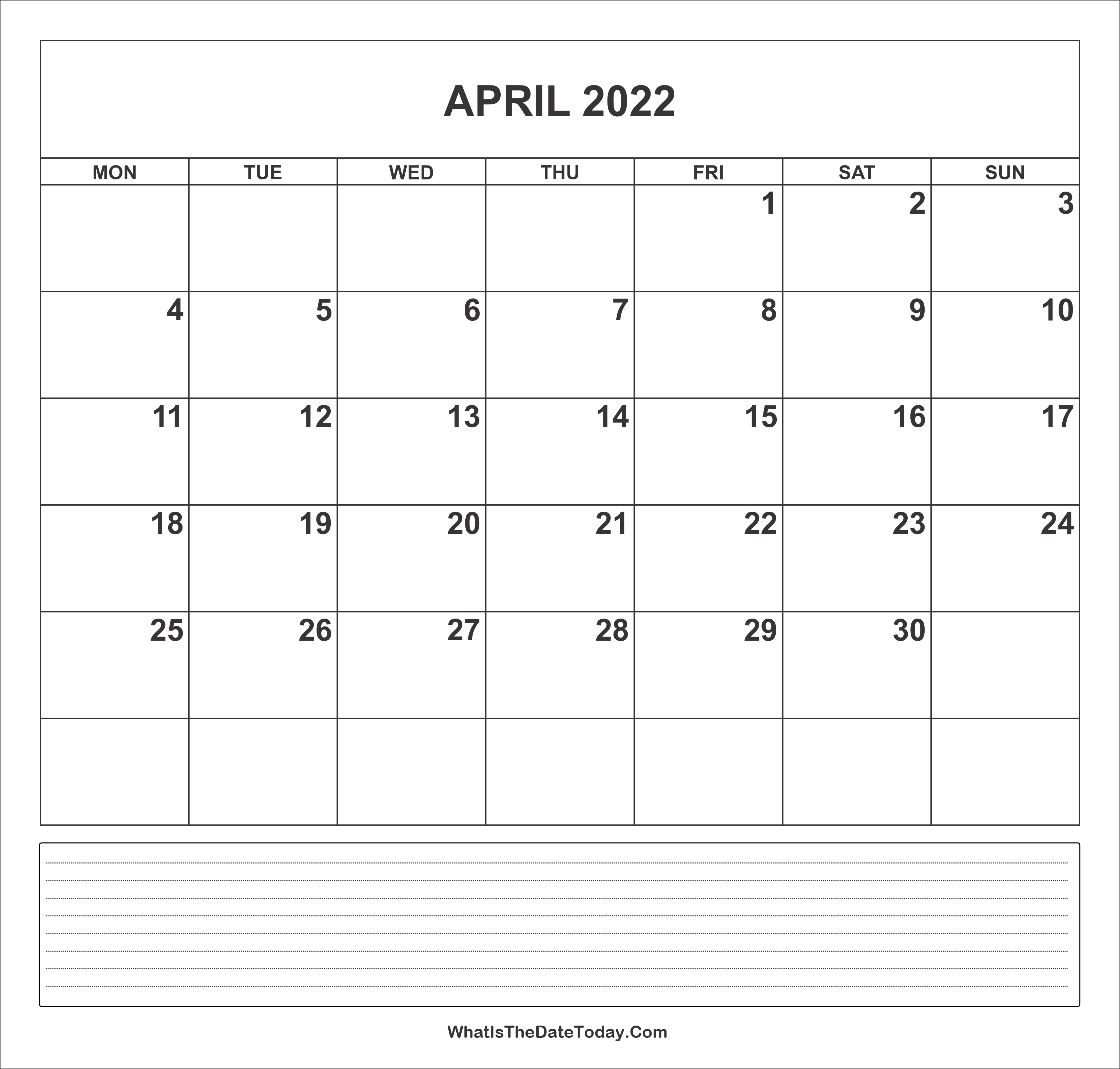 Calendar April 2022 With Notes Whatisthedatetoday Com