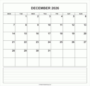 calendar december 2026 with notes