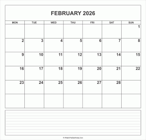 calendar february 2026 with notes