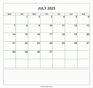 calendar july 2025 with notes