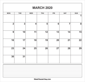 calendar march 2020 with notes