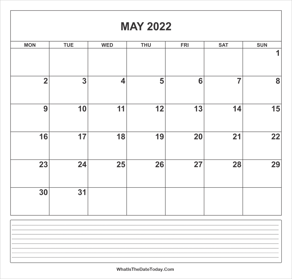 Calendar May 2022 With Notes Whatisthedatetoday Com