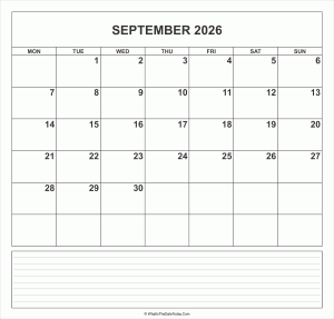 calendar september 2026 with notes