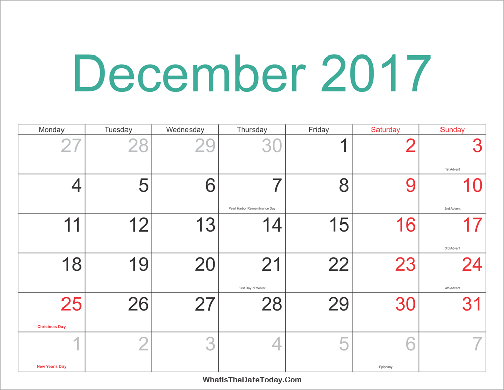 December 2017 Calendar Printable With Holidays Whatisthedatetoday Com