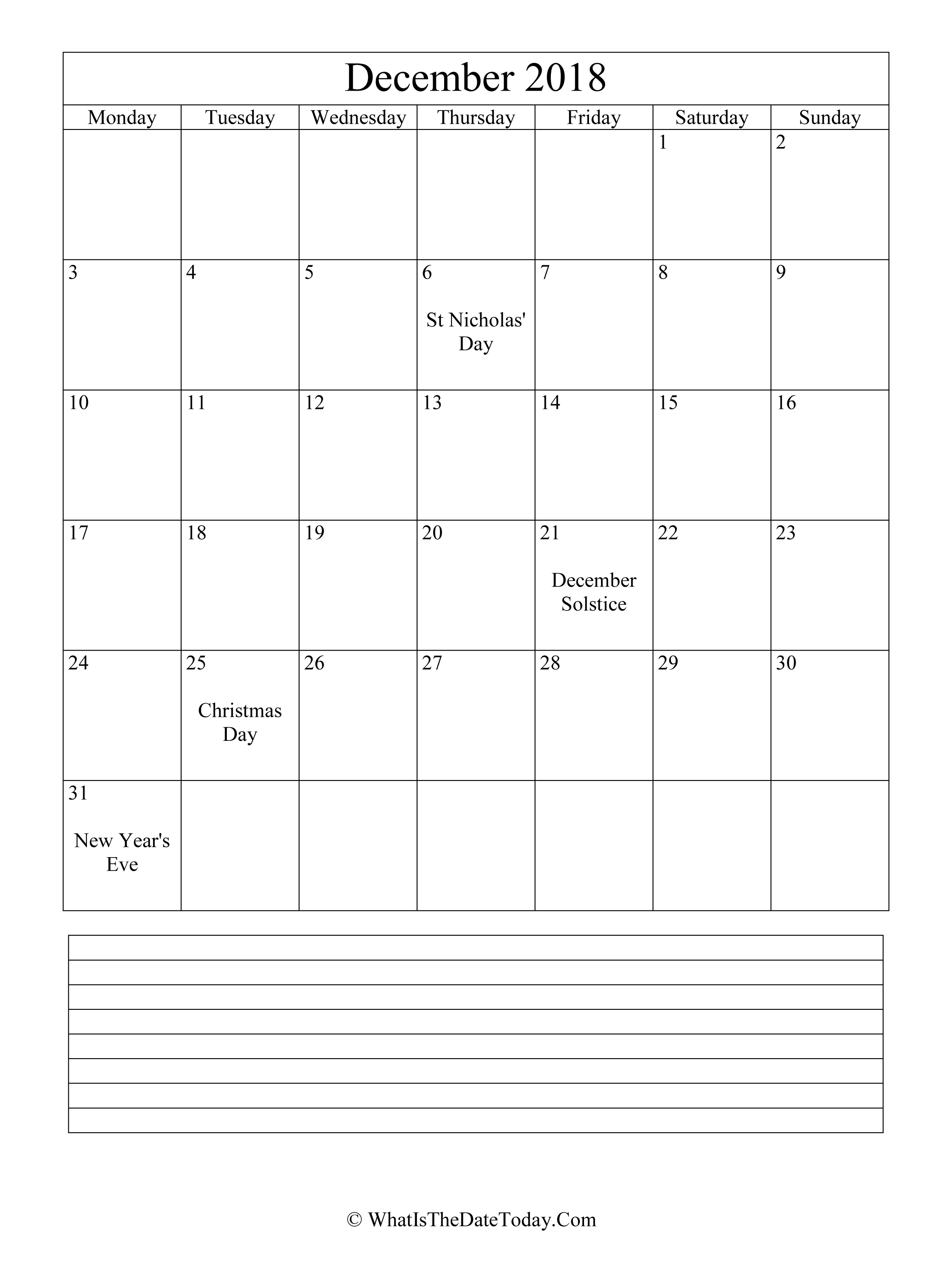 Editable Calendar For December 2018