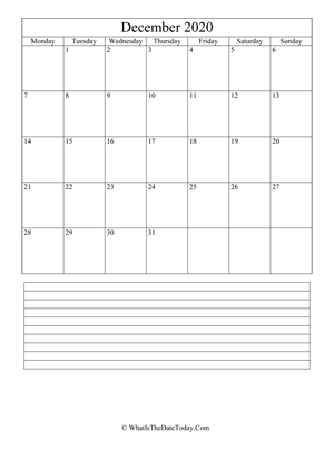 december 2020 calendar editable with notes (vertical)