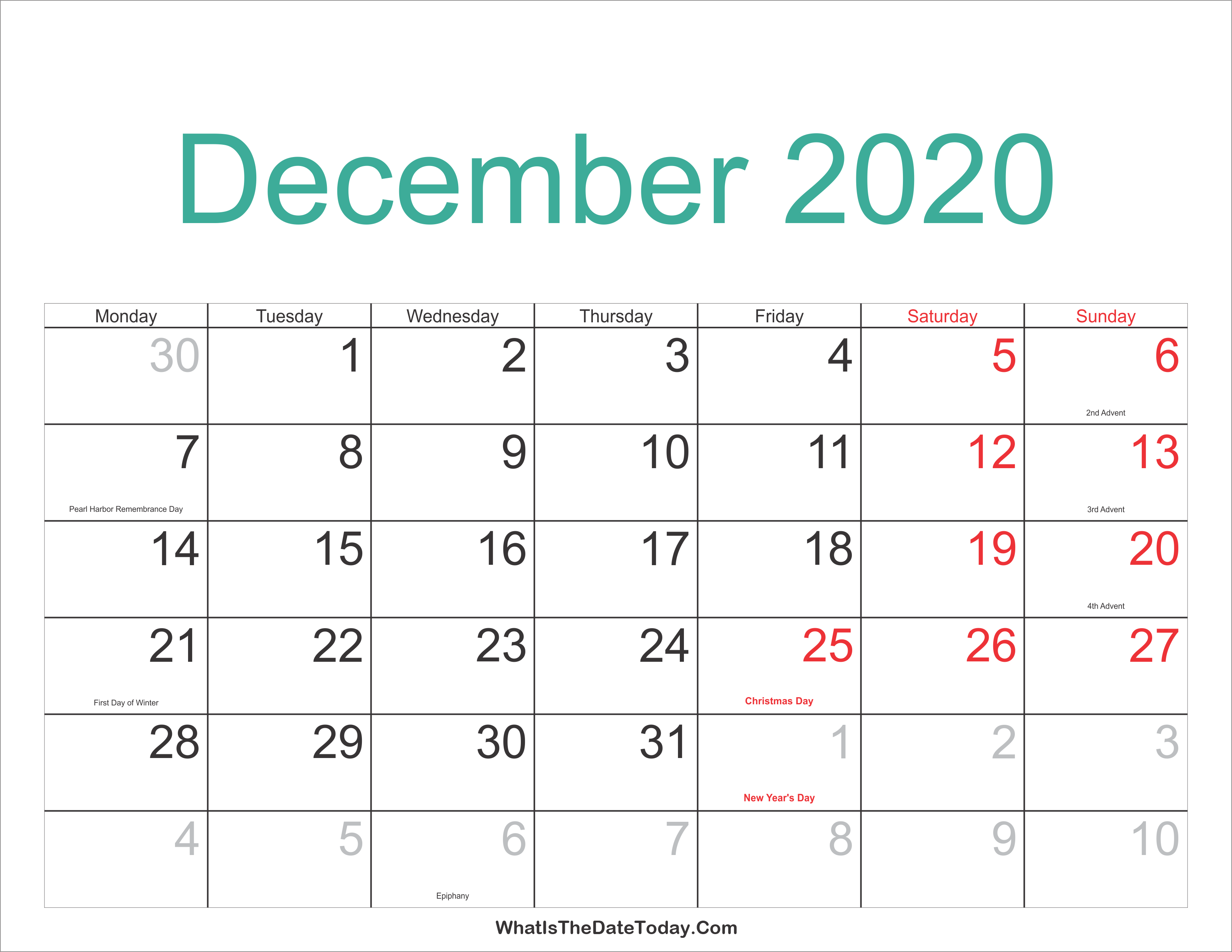December 2020 Calendar Printable with Holidays | Whatisthedatetoday.Com