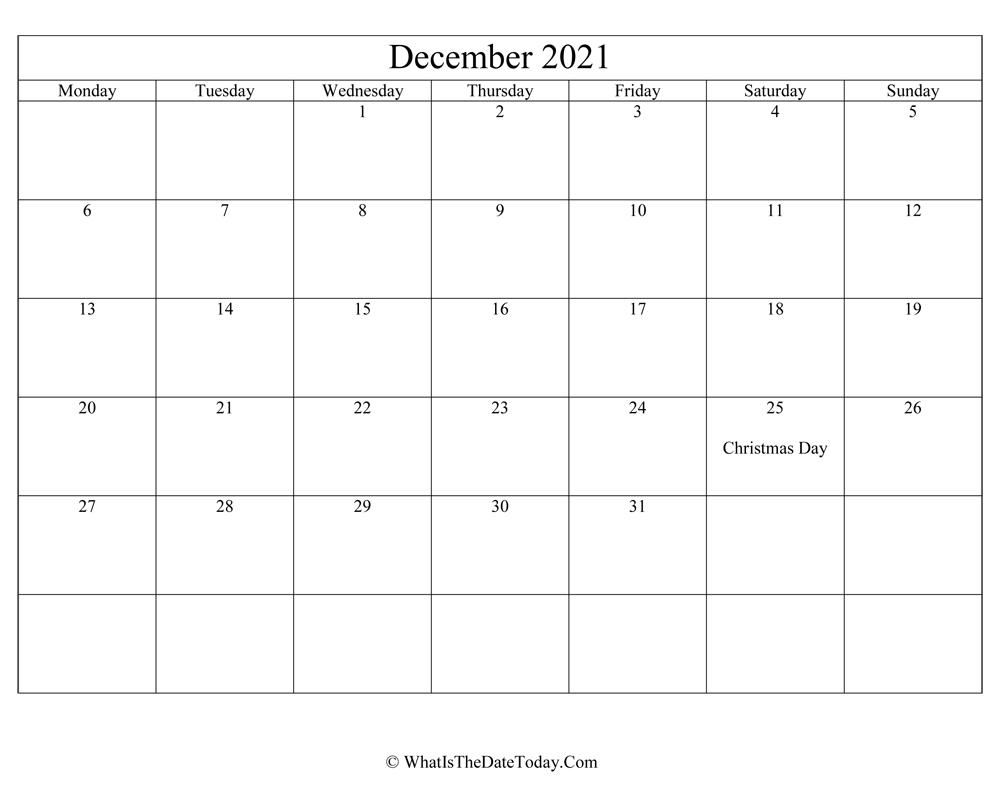 december 2021 Editable Calendar
