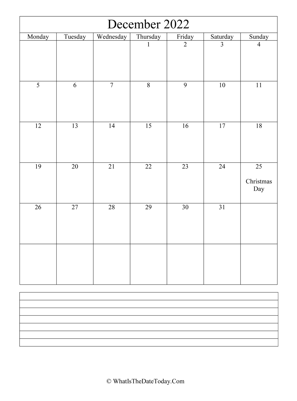 december 2022 calendar editable with notes in vertical layout