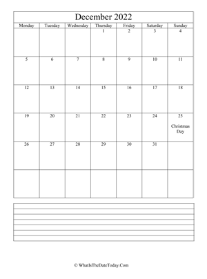 december 2022 calendar editable with notes