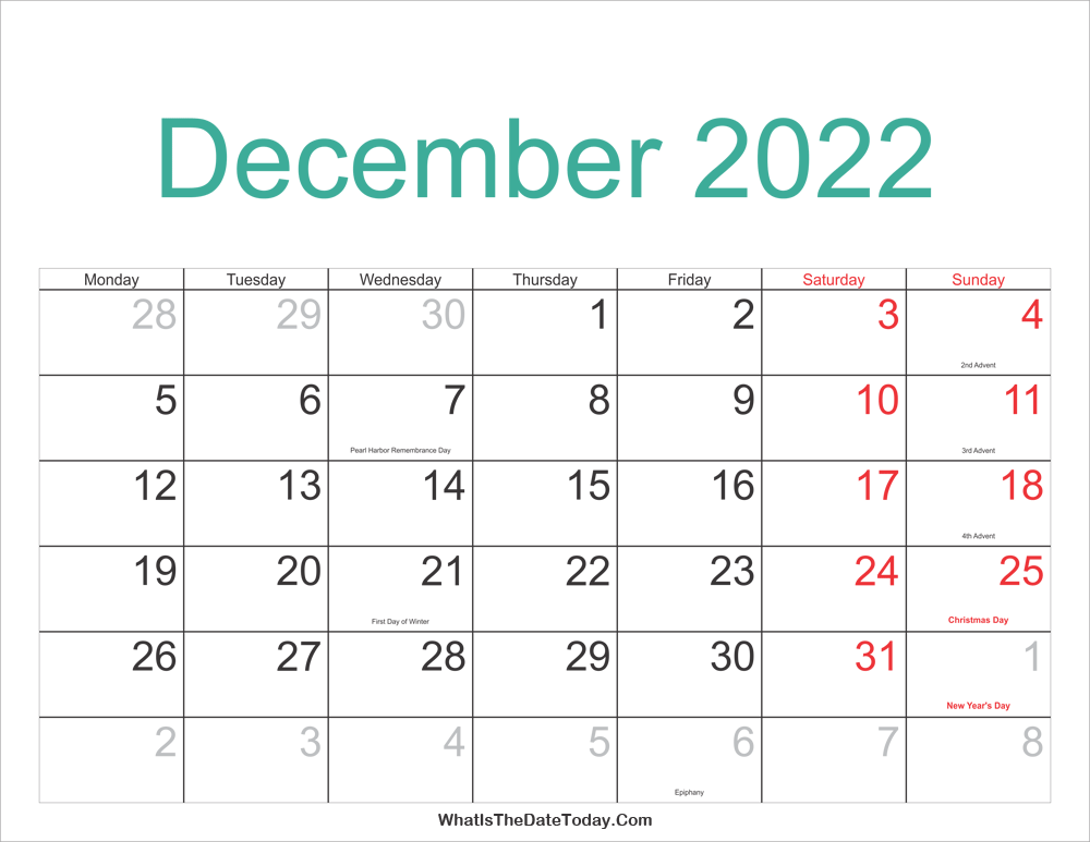 December 2022 Calendar Printable with Holidays