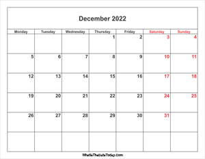 december 2022 calendar with weekend highlight