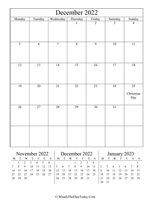 december 2022 editable calendar (vertical) with three mini months