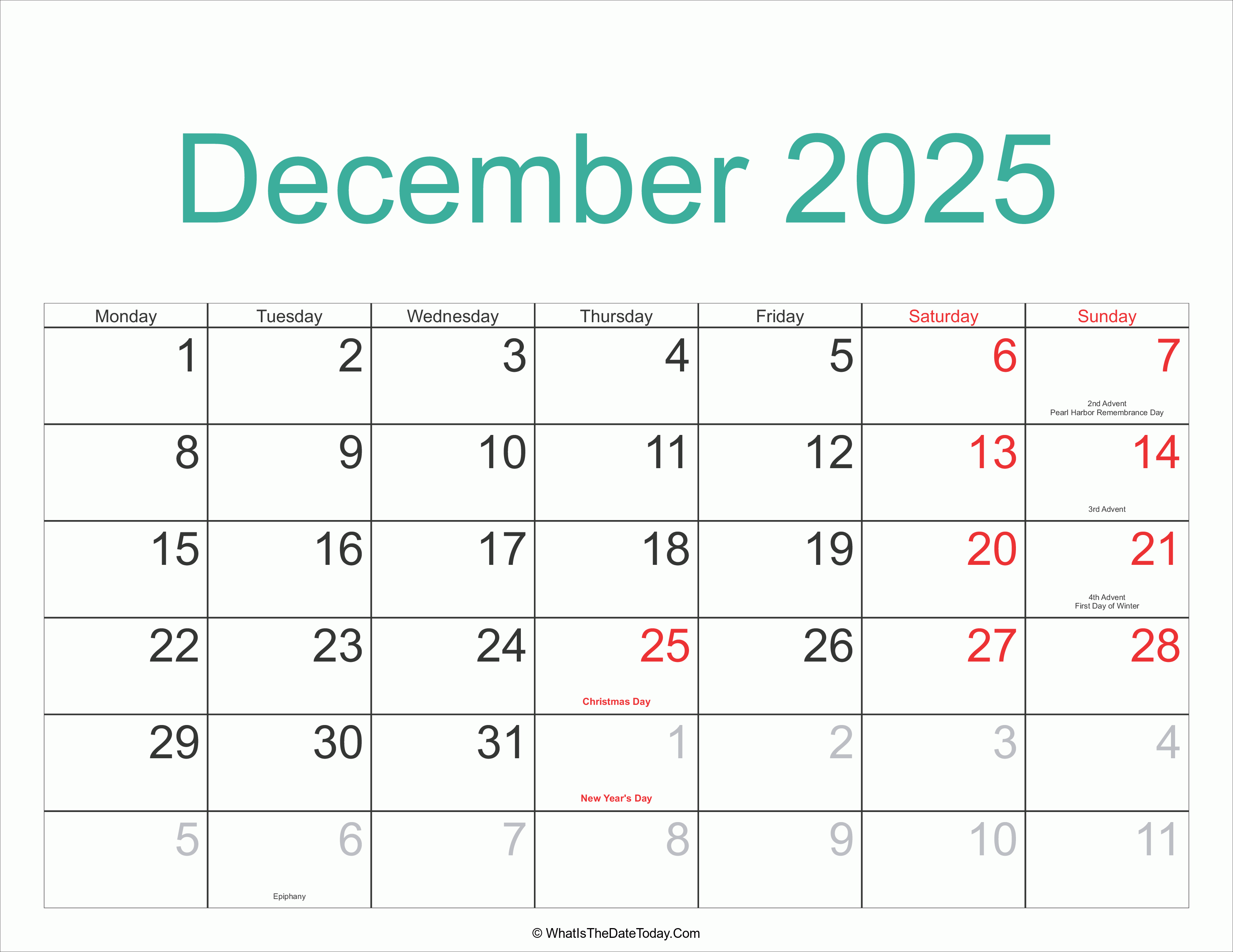December 2025 Calendar Printable With Holidays Whatisthedatetoday Com