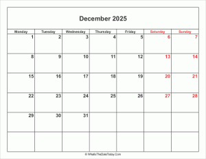 december 2025 calendar with weekend highlight