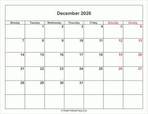 december 2026 calendar with weekend highlight