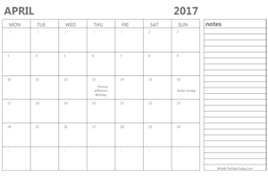 editable april 2017 calendar with holidays and notes