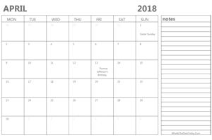editable april 2018 calendar with holidays and notes