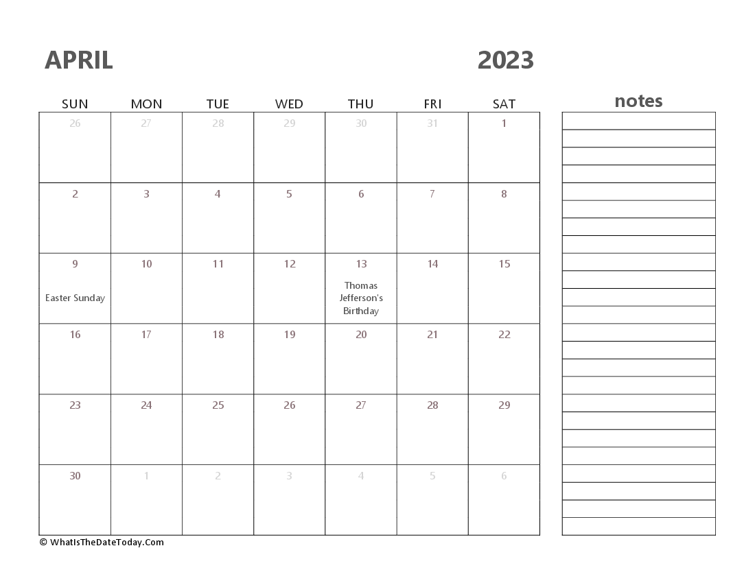 Editable april 2023 Calendar with Holidays and Notes