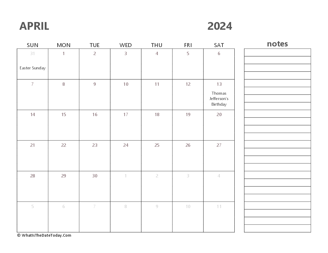 Editable April 2024 Calendar with Holidays and Notes ...