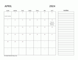 editable april 2024 calendar with holidays and notes