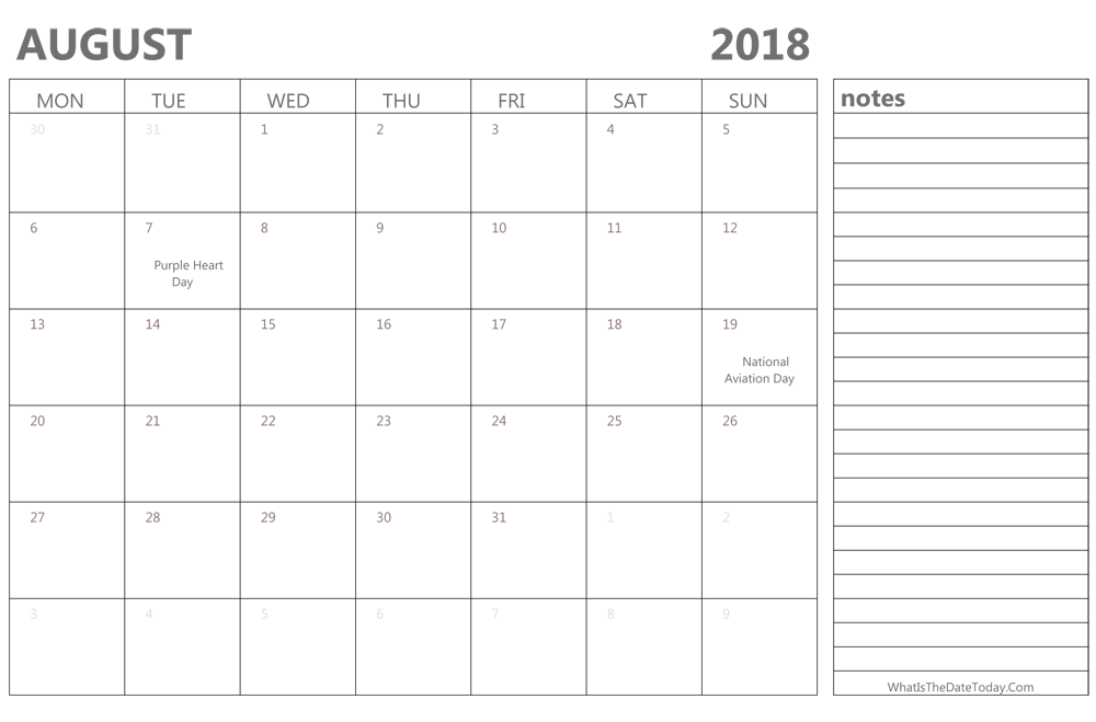 Editable august 2018 Calendar with Holidays and Notes