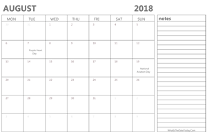 editable august 2018 calendar with holidays and notes