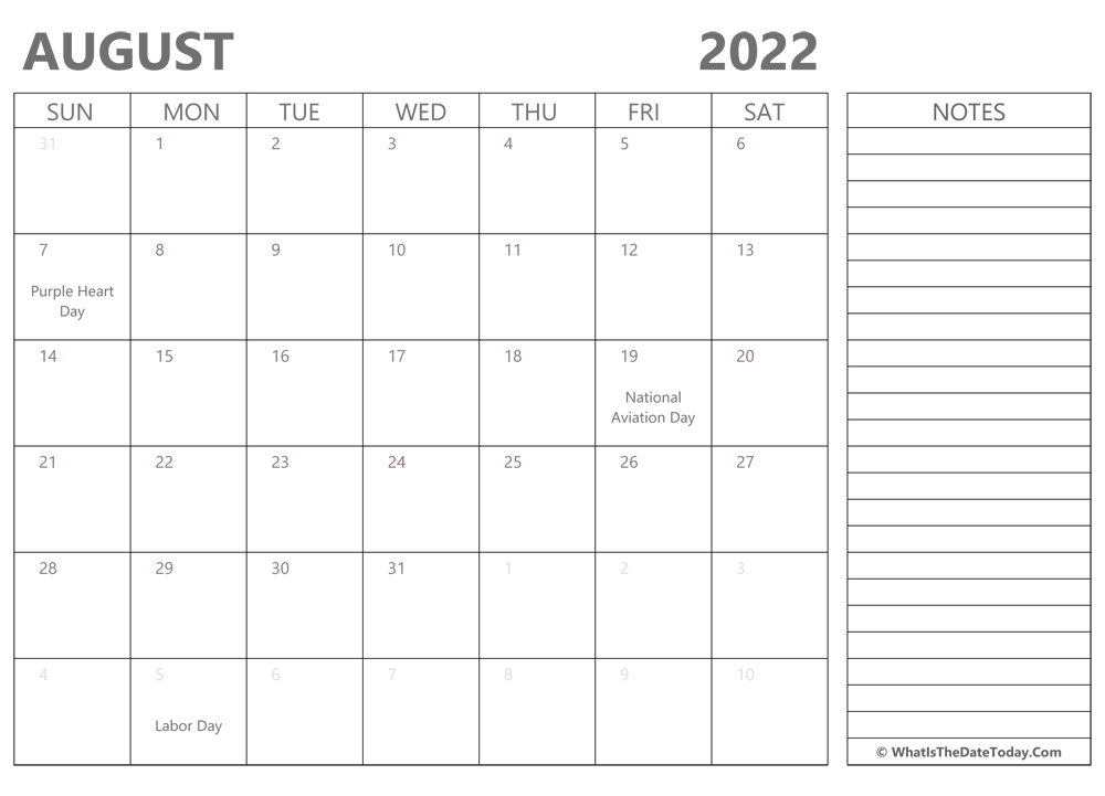 Editable august 2022 Calendar with Holidays and Notes