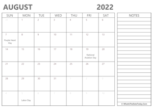 editable 2022 august calendar with notes