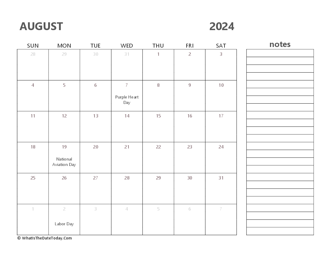 Editable August 2024 Calendar with Holidays and Notes