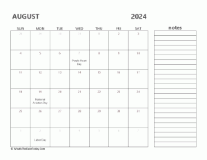 editable august 2024 calendar with holidays and notes