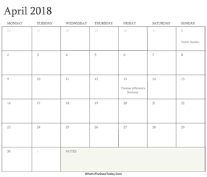 editable calendar april 2018 with holidays