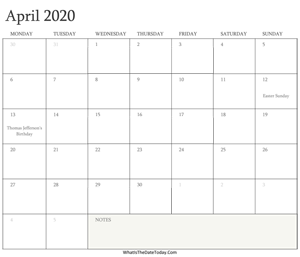 editable calendar april 2020 with holidays