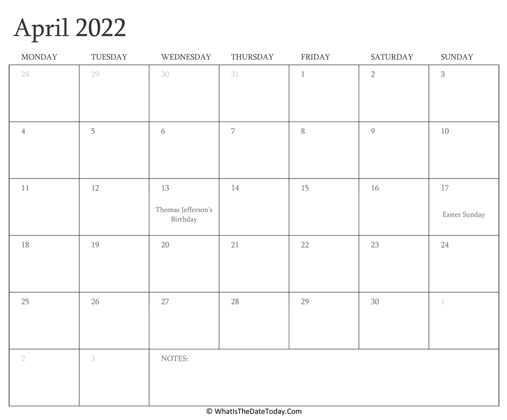 Editable April 2022 Calendar Editable Calendar April 2022 With Holidays | Whatisthedatetoday.com