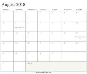 editable calendar august 2018 with holidays