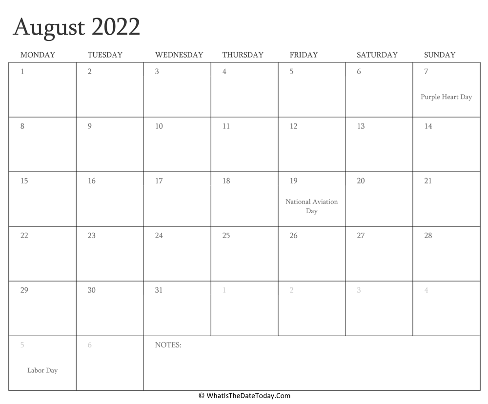 Editable Calendar august 2022 with Holidays
