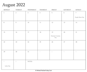 editable calendar august 2022 with holidays