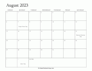 editable calendar august 2023 with holidays