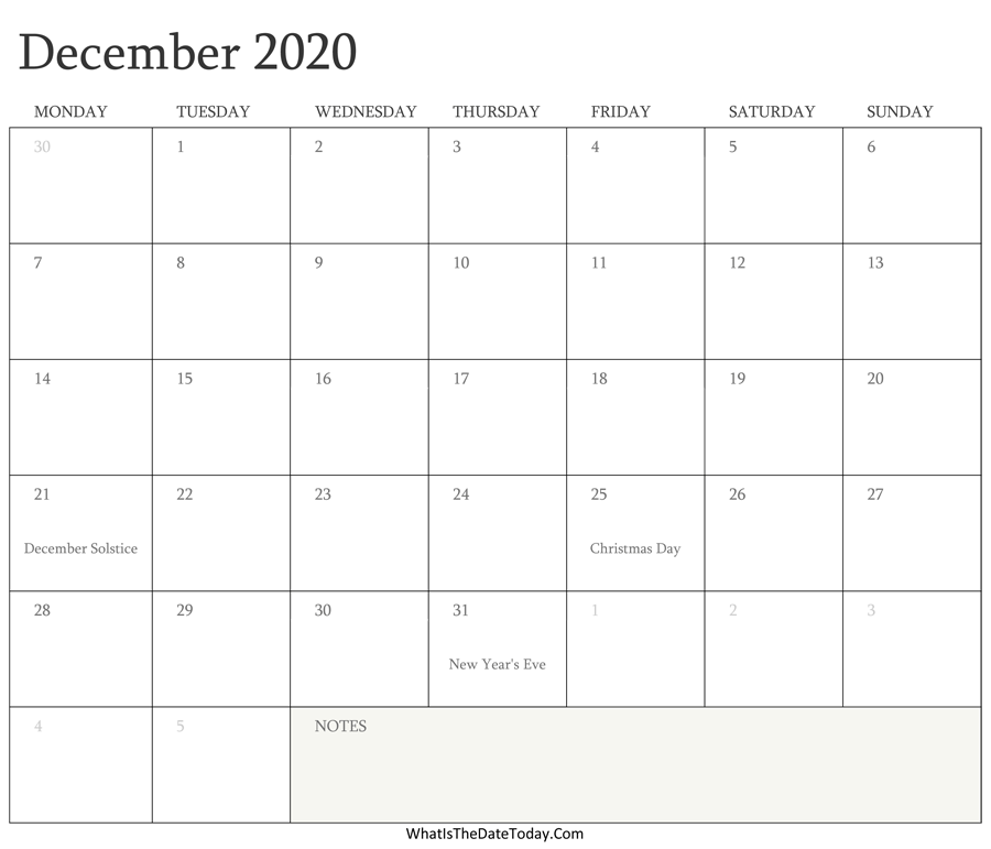 Editable Calendar december 2020 with Holidays