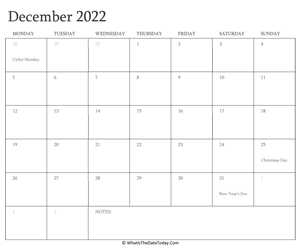 editable calendar december 2022 with holidays