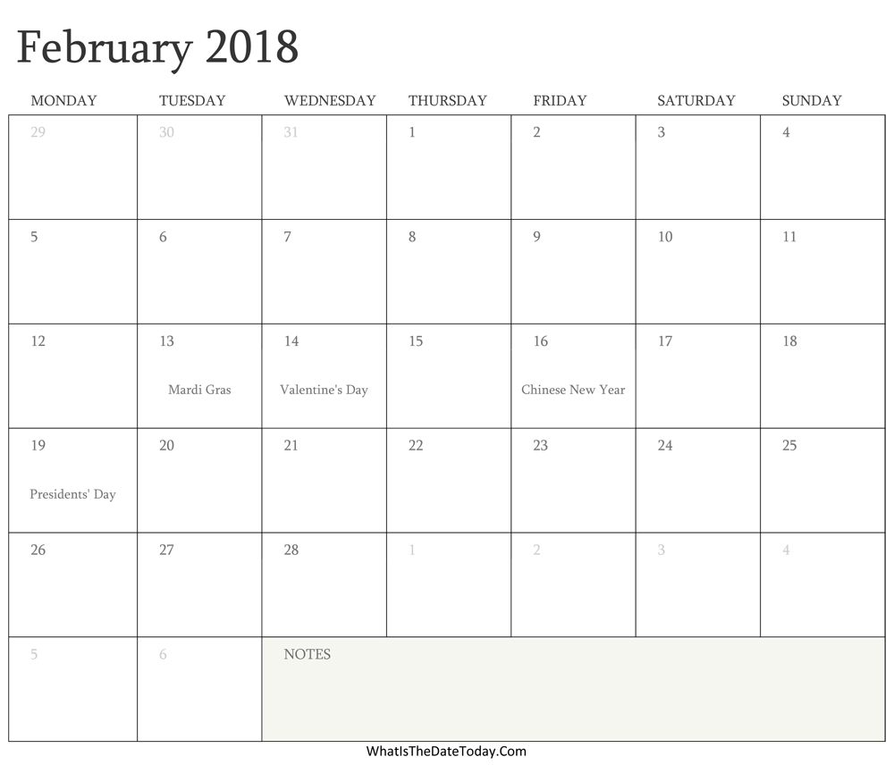 Editable Calendar february 2018 with Holidays