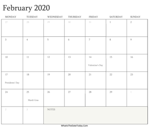 editable calendar february 2020 with holidays