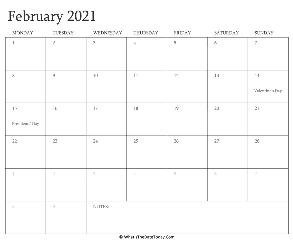 Editable Calendar february 2021 with Holidays